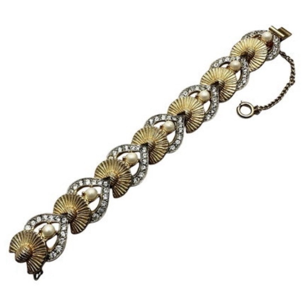 Vintage Signed Hobé Bracelet Faux Pearl Clear Rhinestone Gold Tone 5.5 Inch
